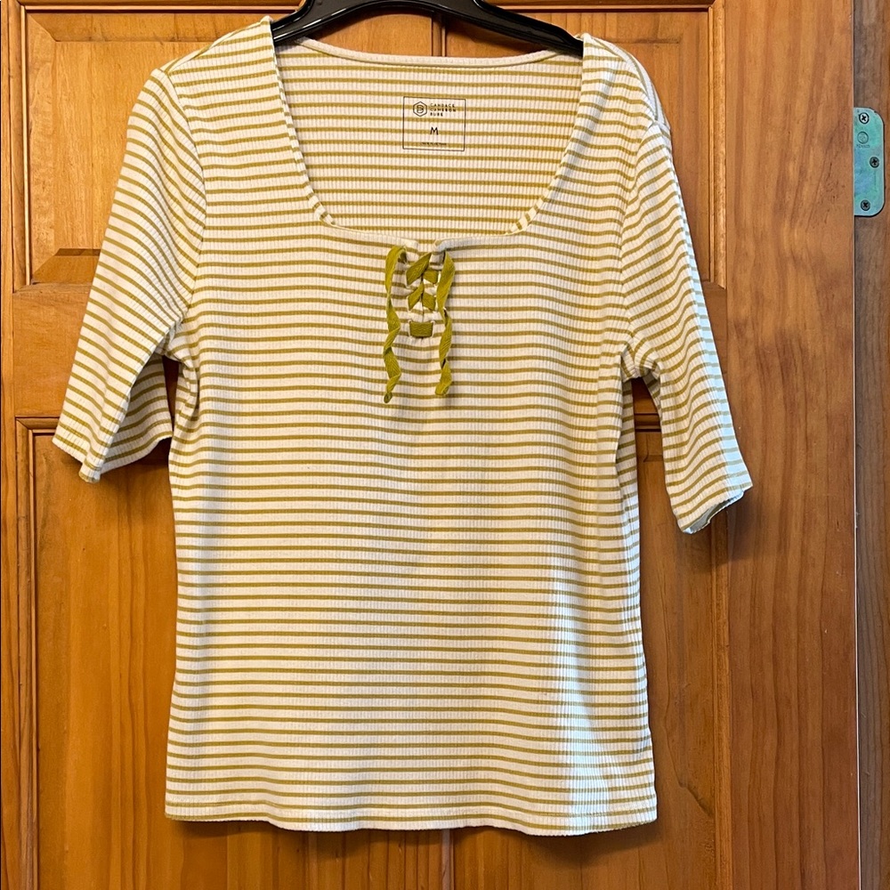 Candace Cameron Bure Cream and Olive Striped Tee